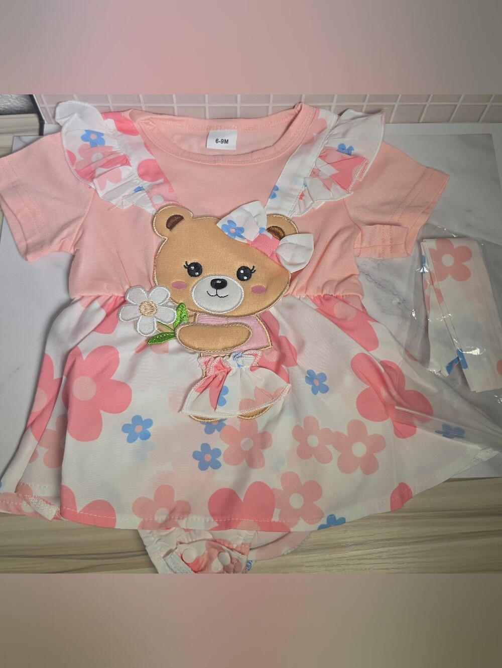 Girls Pink Bear Floral Dress Romper - Cute Toddler Outfit